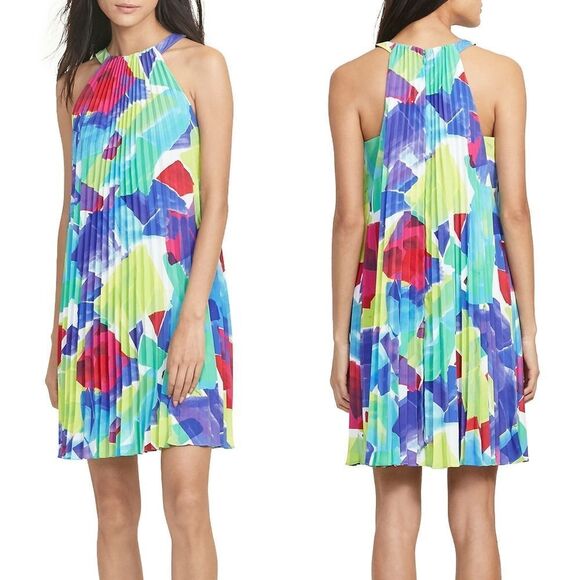 New! RALPH LAUREN Women's Abstract Print Pleated Dress Size 14 Multicolored - Picture 1 of 3